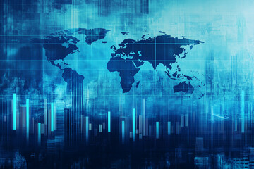 Obraz premium A blue digital background featuring a world map with interconnected Bitcoin symbols, representing the global spread of blockchain technology in financial and trading applications