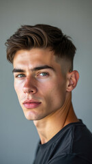 A detailed headshot of a young man with light brown hair styled in a side part, looking forward with a focused expression. His casual attire and clear features are highlighted against a neutral backgr