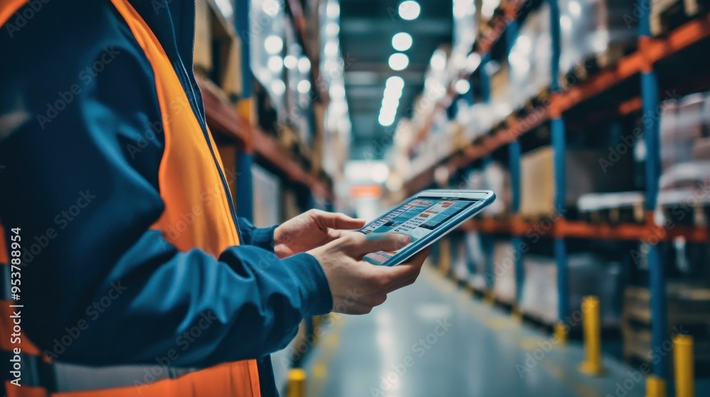Poster warehouse worker using digital tablet for inventory management