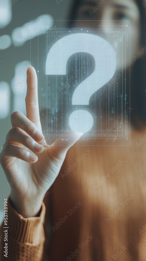 Poster Person interacting with a holographic question mark in a virtual environment. Concept of digital inquiry and problem-solving.