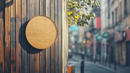 A wooden wall on a busy street corner with a circular signboard mockup, ideal for showcasing branding in an urban environment. The setting is vibrant yet classic.