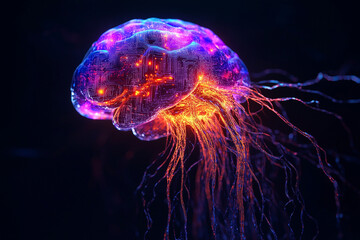 Brain Composed of Circuit Boards and LED Lights with Purple Glow on Black Background