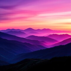 Fototapeta premium A breathtaking sunset over majestic mountains, showcasing vibrant hues of purple and pink in the serene sky.