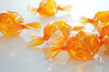 Various wrapped candies  including orange  on white background.