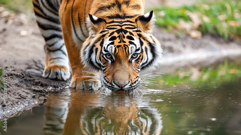 Wall mural a close-up of a tiger drinking from a water source in its zoo, with its reflection visible.
