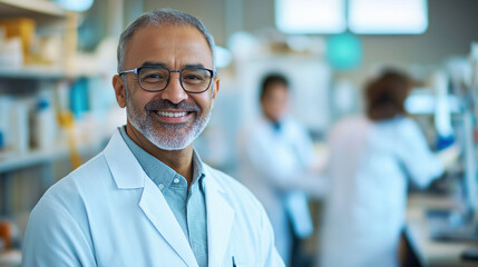 Smiling scientist in a busy laboratory environment showcasing scientific teamwork and discovery