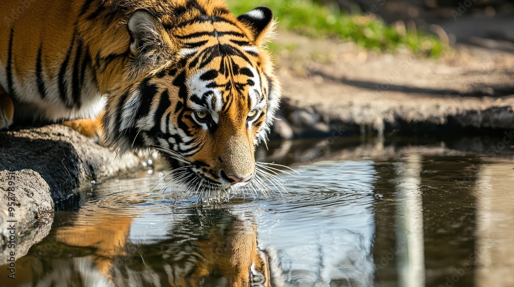Wall mural a close-up of a tiger drinking from a water source in its zoo, with its reflection visible.