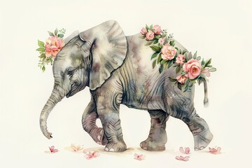 Watercolor Painting of an Elephant with Flowers