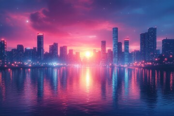 Fototapeta premium Stunning Urban Skyline at Sunset with Reflective Water and Vibrant Colors in a Modern Cityscape
