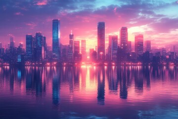 Fototapeta premium Stunning Modern City Skyline at Sunset with Vibrant Colors Reflecting on Calm Water