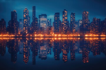 Fototapeta premium Stunning Nighttime Cityscape with Illuminated Skyscrapers Reflecting on Calm Water