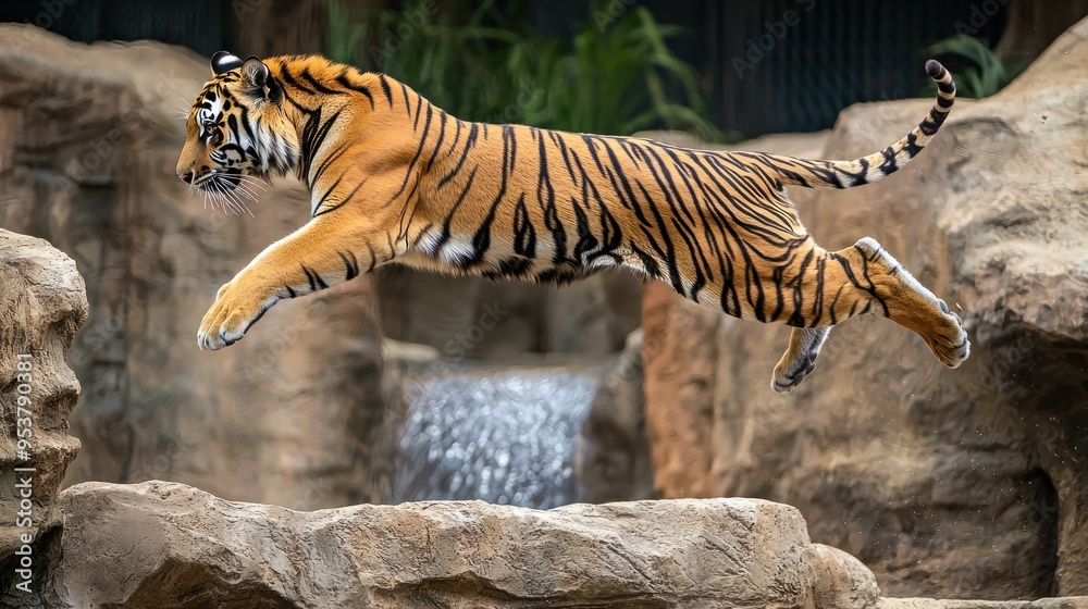 Wall mural a tiger leaping across rocks in its zoo enclosure, displaying its agility and power.