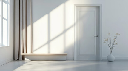 A white room with a large window and a potted tree