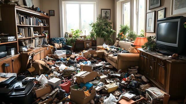Messy Living Room with Clutter  Junk  and Debris