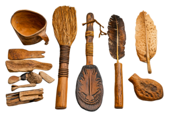 Indigenous wooden tools and artifacts isolated on transparent background