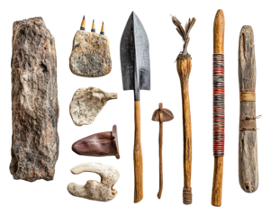 Ancient tools and artifacts isolated on transparent background