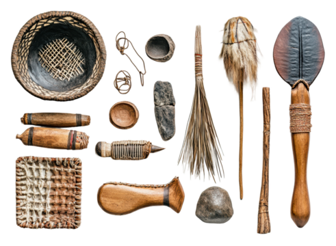 Indigenous historical tools and artifacts isolated on transparent background