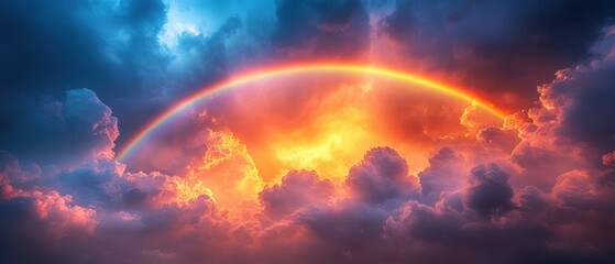 Fototapeta premium Stunning Rainbow Arcing Over Dramatic Sunset Clouds in a Vibrant Sky
