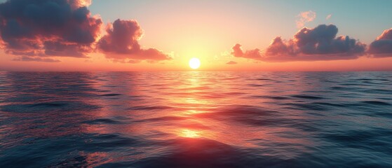 Obraz premium Stunning Ocean Sunset with Vibrant Colors and Dramatic Clouds Reflecting on Calm Water