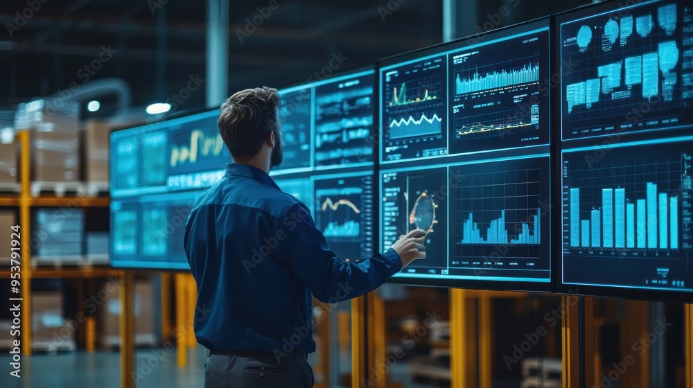 Aufkleber Man Analyzing Data on Large Monitors in a Warehouse