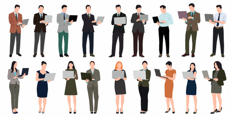 Set of young business people working at laptop. 