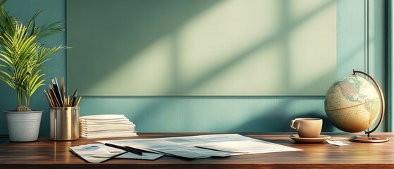 An office desk with economic reports  and a globe