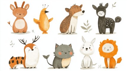 Naklejka premium A cute and playful set of hand-drawn animals by a 3-year-old, isolated on a white background. The drawings are full of character and creativity, perfect for kids.