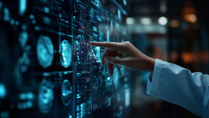 A doctor is examining medical images on the screen of an AI computer, with various patterns and data displayed in blue shades.
