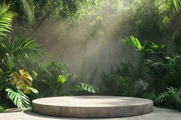 Stone platform in tropical forest for product presentation and green wall.3d rendering with generative ai