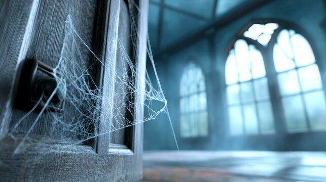 Holographic cobwebs hanging in a haunted mansion, eerie details, digital spookiness