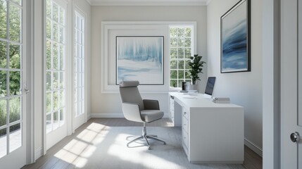 Fototapeta premium Modern Home Office with White Desk, Grey Chair, and Abstract Art