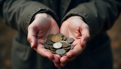 Outstretched Hands Holding Coins Reflecting Economic Hardship