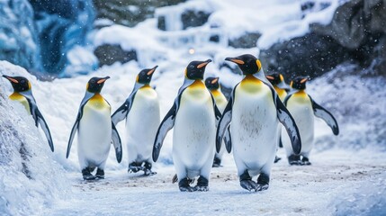 Fototapeta premium A group of penguins waddling together in their icy zoo enclosure.
