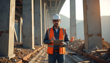 Engineer Using Tablet to Survey Bridge Construction Site