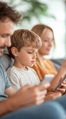 Family sitting on a couch, all using different devices but staying connected