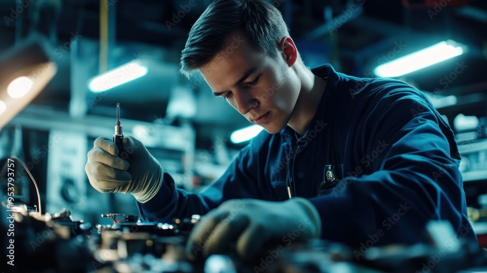 Poster Mechanic Working on an Engine with a Screwdriver