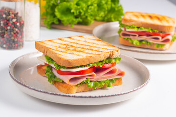 Close-up of two sandwiches with bacon, salami, prosciutto and fresh vegetables on rustic wooden cutting board. Club sandwich concept