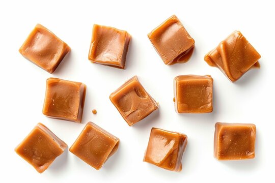 various caramel pieces isolated on white background  top view