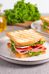 Close-up of two sandwiches with bacon, salami, prosciutto and fresh vegetables on rustic wooden cutting board. Club sandwich concept