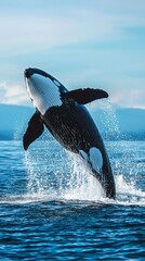 Fototapeta premium Magnificent killer whale jumping in drops of spray over the blue sea surface close-up