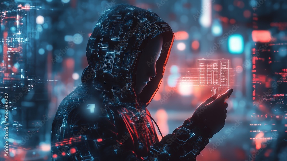 Poster Cyber hacker in a high-tech digital environment holding a futuristic holographic device. Emphasizing advanced cybersecurity and digital threats in a neon-lit urban setting.