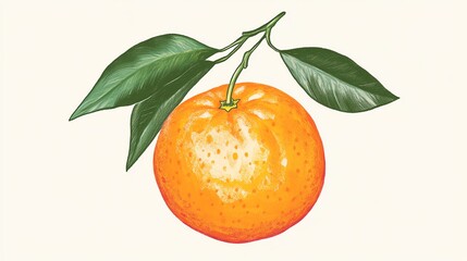 Freshly Ripe Mandarin Orange:  A vibrant, hand-drawn illustration of a juicy Mandarin orange, featuring a textured peel and lush green leaves, exudes a sense of freshness, vitality, and a burst of cit