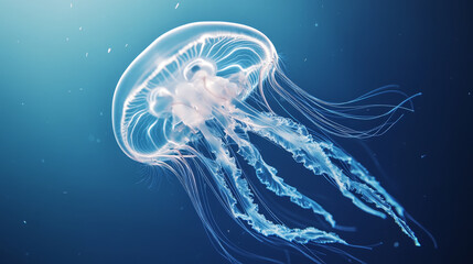A jellyfish is swimming in the ocean