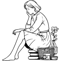 Woman Sitting on Books with a Basket and Flowers.