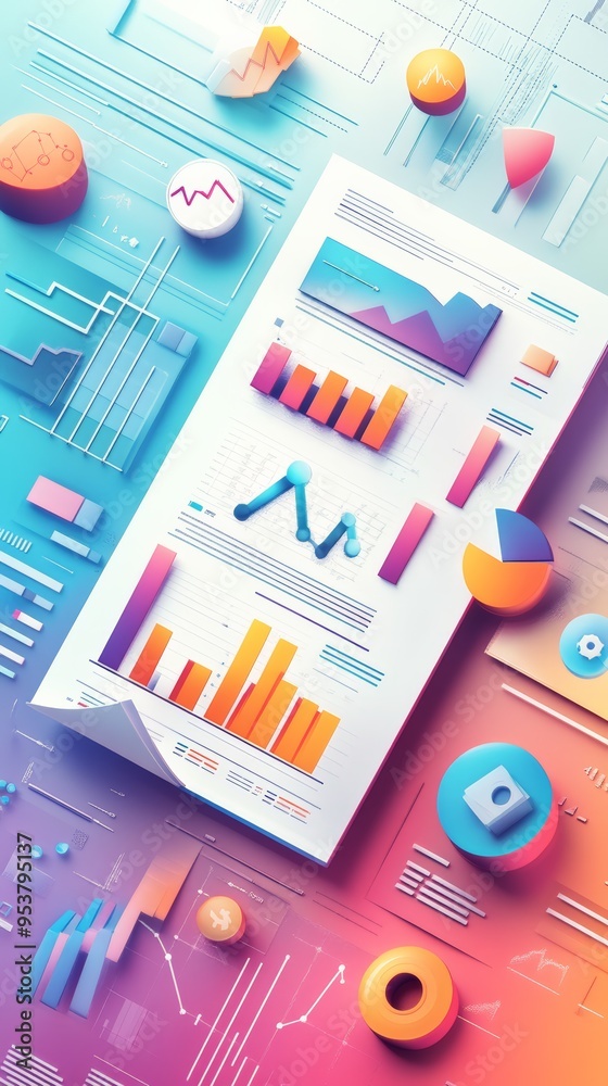 Aufkleber colorful 3d business charts and data visualization elements on a pastel gradient background. financi