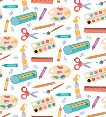 Seamless pattern with cartoon school supplies. Vector colorful background in flat style.