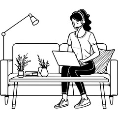 Woman Working on Laptop at Home.