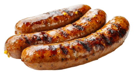 Grilled sausages served on a plate at a barbecue isolated on transparent background