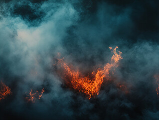 Fototapeta premium A dramatic view of flickering flames and swirling smoke in a dark, atmospheric setting, capturing the intensity of fire in a candid moment