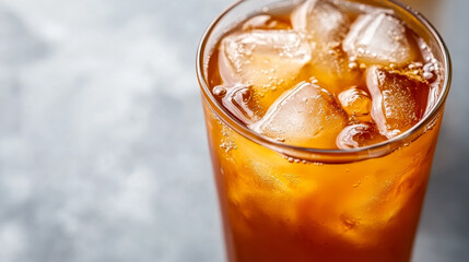 A glass of iced tea with ice cubes in it